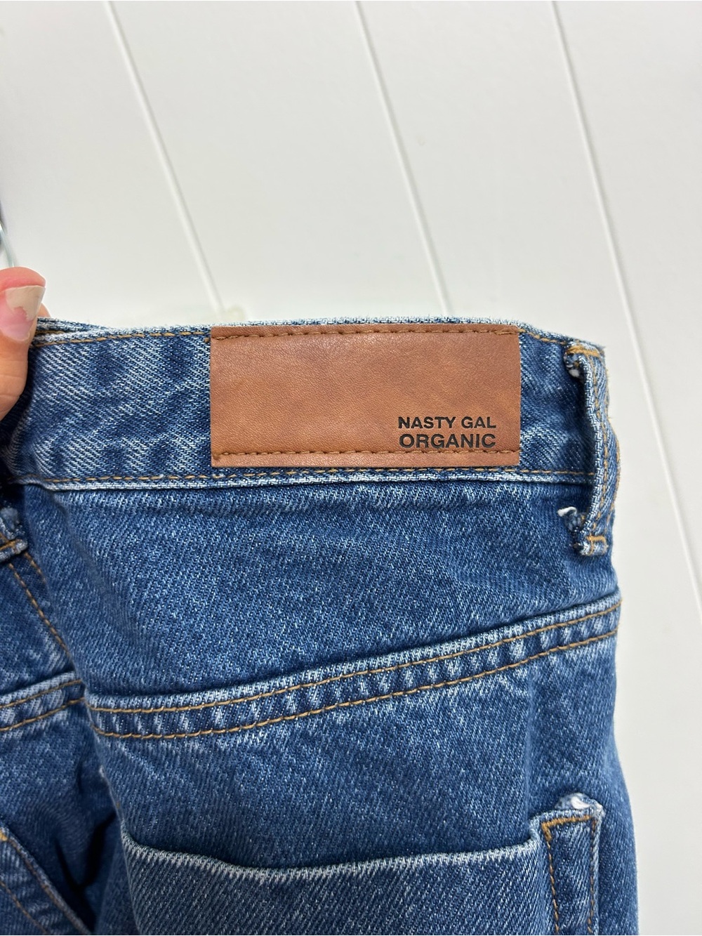NASTY GAL Organic Blue Straight Jeans with Brown Leather Patch